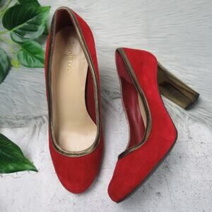 COLE HAAN Edie Red Gold Suede Pumps Chunky Heel Women’s 7.5